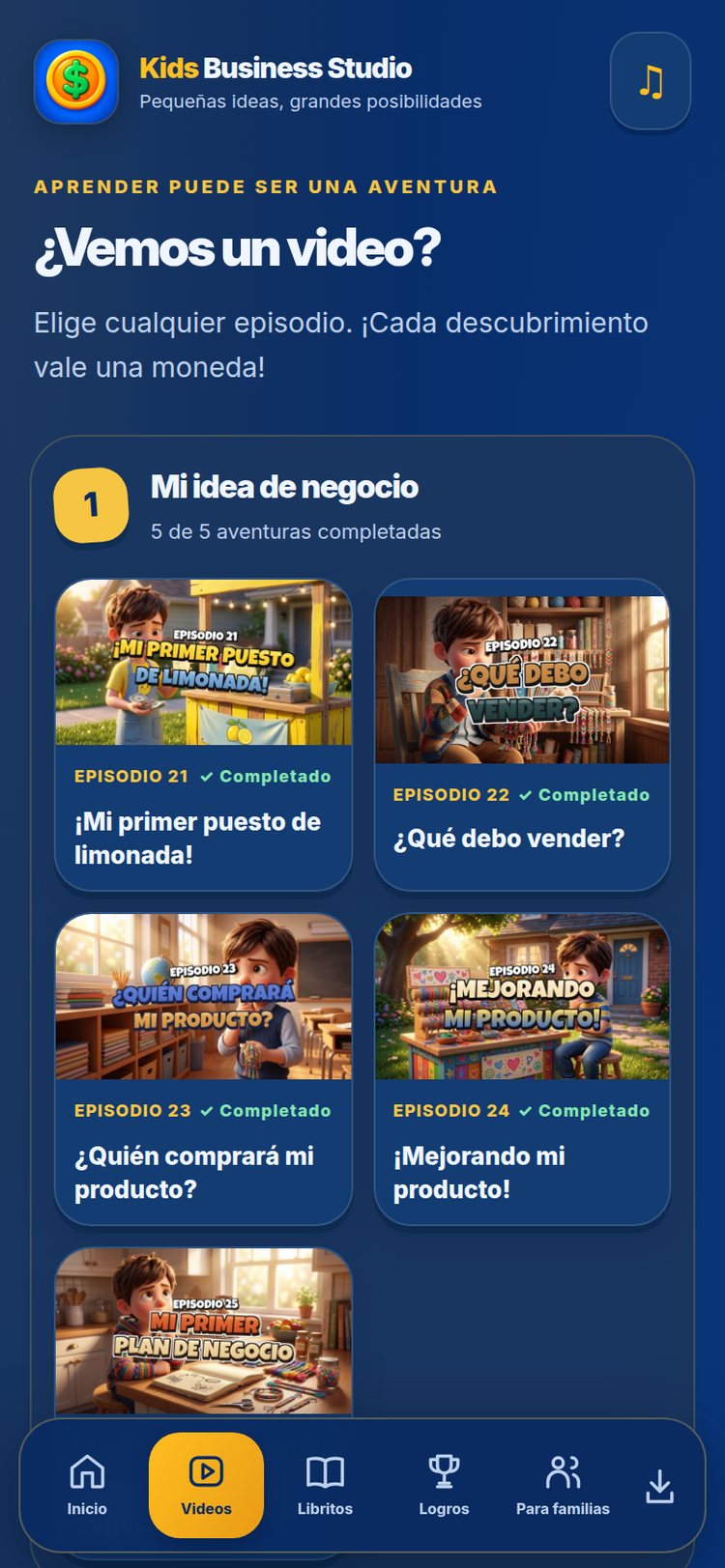 Pantalla real de la aplicación: lista de episodios por bloque